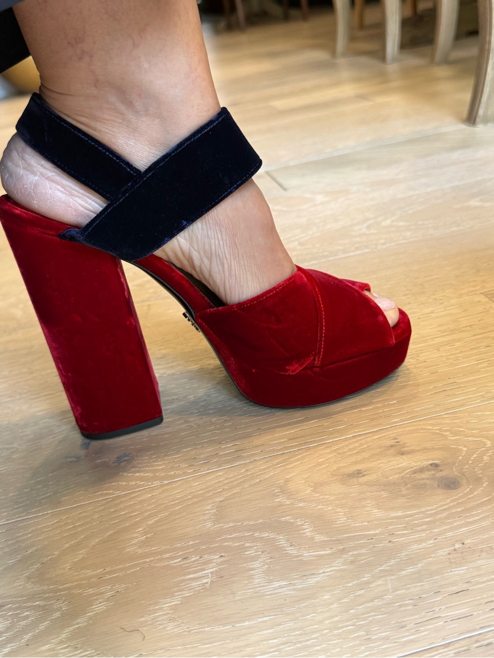Prada Red Velvet Platform Sandal with Navy Ankle Strap - Picture 10 of 11